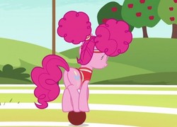 Size: 575x411 | Tagged: safe, screencap, pinkie pie, earth pony, pony, buckball season, g4, alternate hairstyle, ball, butt, clothes, cropped, female, mare, pinktails pie, plot, solo