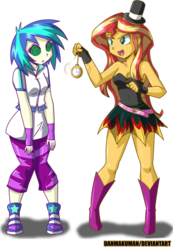 Size: 743x1075 | Tagged: safe, artist:danmakuman, dj pon-3, sunset shimmer, vinyl scratch, human, equestria girls, g4, bare shoulders, boots, breasts, cleavage, clothes, cute, female, hat, high heel boots, high heels, hypnosis, hypnosis fetish, hypnotist, hypnotized, leggings, miniskirt, shoes, simple background, skirt, sneakers, swirly eyes, top hat, transparent background, watch