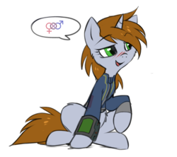 Size: 781x694 | Tagged: safe, artist:hioshiru, edit, oc, oc only, oc:littlepip, pony, unicorn, fallout equestria, bi-curious, bisexuality, blushing, cheek fluff, clothes, cute, fanfic, fanfic art, female, flirting, fluffy, hooves, horn, jumpsuit, littlepip's suggestions, mare, meme, open mouth, pipbuck, pride, simple background, solo, vault suit, white background