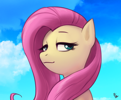 Size: 623x513 | Tagged: safe, artist:ehfa, fluttershy, pegasus, pony, g4, bust, cloud, cute, female, lidded eyes, looking at you, mare, portrait, shyabetes, smug, smugshy, solo