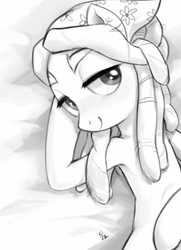 Size: 539x743 | Tagged: safe, artist:ehfa, tree hugger, earth pony, pony, g4, bedroom eyes, female, grayscale, looking at you, mare, monochrome, on back, smiling, solo