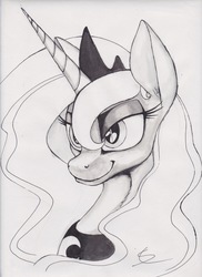 Size: 1701x2338 | Tagged: safe, artist:scribblepwn3, princess luna, alicorn, pony, g4, bust, female, grayscale, ink, monochrome, pen drawing, portrait, simple background, smiling, solo, traditional art