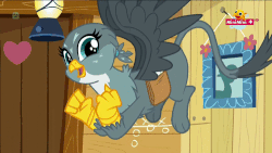 Size: 500x281 | Tagged: safe, screencap, gabby, griffon, g4, the fault in our cutie marks, animated, butt shake, cute, female, flying, gabbybetes, gif, lantern, mailbag, minimini, painting, solo, video at source, wiggle