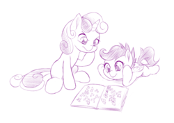 Size: 1000x708 | Tagged: safe, artist:dstears, scootaloo, sweetie belle, pegasus, pony, unicorn, g4, blank flank, book, cute, cutealoo, diasweetes, duo, female, filly, foal, folded wings, hooves on cheeks, lying down, monochrome, newbie artist training grounds, prone, simple background, sitting, where's waldo, white background, wings