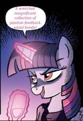 Size: 476x691 | Tagged: safe, artist:tony fleecs, edit, idw, twilight sparkle, alicorn, pony, friendship is magic #45, g4, ponies of dark water, spoiler:comic, castlevania, clothes, glass, magic, meme, scarf, smuglight sparkle, solo, telekinesis, text, twilight sparkle (alicorn), tyrant sparkle, what is a man