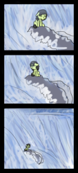 Size: 480x1064 | Tagged: safe, artist:happy harvey, oc, oc only, oc:anon, oc:filly anon, earth pony, pony, comic, down-right fucked, female, filly, phone drawing, ponified, ponified animal photo, rock, sad, solo, stranded, stuck, trapped, waterfall