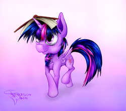 Size: 1600x1400 | Tagged: safe, artist:ferasor, twilight sparkle, alicorn, pony, g4, book, book hat, bookhorse, female, solo, that pony sure does love books, twilight sparkle (alicorn)