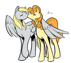 Size: 1280x1147 | Tagged: safe, artist:rwl, carrot top, derpy hooves, golden harvest, earth pony, pegasus, pony, g4, cute, female, food, hug, kissing, lesbian, mare, muffin, ship:derpytop, shipping, winghug