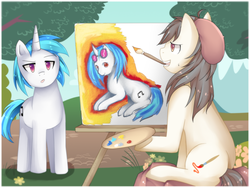 Size: 1620x1220 | Tagged: safe, artist:meewin, dj pon-3, vinyl scratch, oc, oc:moon brush, g4, mouth hold, paintbrush, painting