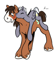 Size: 1242x1398 | Tagged: safe, artist:rwl, thunderlane, trouble shoes, earth pony, pegasus, pony, g4, blushing, carrying, cheek kiss, crack shipping, eyes closed, gay, kissing, male, ponies riding ponies, raised hoof, riding, shipping, simple background, smiling, stallion, thunderlane riding trouble shoes, thundershoes, white background
