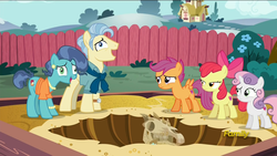 Size: 1920x1080 | Tagged: safe, screencap, apple bloom, mr. paleo, mrs. paleo, petunia paleo, scootaloo, sweetie belle, earth pony, pegasus, pony, unicorn, g4, the fault in our cutie marks, cutie mark, cutie mark crusaders, derp, discovery family logo, female, filly, foal, male, mare, nervous laugh, ponysaur, spiny back ponysaurus, stallion, the cmc's cutie marks