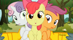 Size: 1275x709 | Tagged: safe, screencap, apple bloom, gabby, scootaloo, sweetie belle, griffon, g4, my little pony: friendship is magic, the fault in our cutie marks, :o, cutie mark crusaders, discovery family logo