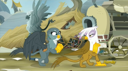 Size: 1275x707 | Tagged: safe, screencap, gabby, gilda, griffon, g4, the fault in our cutie marks, discovery family logo, female, letter, mailbag, solo, statue