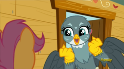 Size: 1277x711 | Tagged: safe, screencap, gabby, scootaloo, griffon, g4, the fault in our cutie marks, discovery family logo