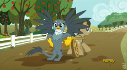 Size: 1275x711 | Tagged: safe, screencap, doctor whooves, gabby, time turner, griffon, pony, g4, the fault in our cutie marks, discovery family logo, mailbag, male, mud, stallion, surprised, wagon