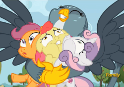 Size: 712x498 | Tagged: safe, screencap, apple bloom, gabby, scootaloo, sweetie belle, earth pony, griffon, pony, g4, the fault in our cutie marks, animated, cute, cutie mark, cutie mark crusaders, female, gabbybetes, gif, hug, loop, squeezing, the cmc's cutie marks