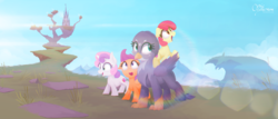 Size: 2520x1080 | Tagged: safe, artist:opticspectrum, apple bloom, gabby, scootaloo, sweetie belle, earth pony, griffon, pegasus, pony, unicorn, g4, the fault in our cutie marks, chromatic aberration, cutie mark, cutie mark crusaders, female, filly, griffonstone, missing accessory, the cmc's cutie marks