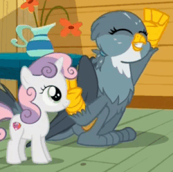 Size: 346x344 | Tagged: safe, screencap, gabby, sweetie belle, griffon, g4, the fault in our cutie marks, animated, cute, cutie mark, female, fist pump, gif, loop, mailbag, the cmc's cutie marks