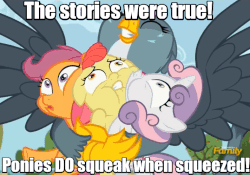 Size: 712x498 | Tagged: safe, edit, edited screencap, screencap, apple bloom, gabby, scootaloo, sweetie belle, griffon, g4, the fault in our cutie marks, animated, bone-crushing snuggles, caption, cutie mark crusaders, female, gif, hug, image macro, meme, squeak, squishy cheeks