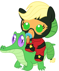 Size: 811x967 | Tagged: safe, artist:red4567, applejack, gummy, mistress marevelous, pony, g4, power ponies (episode), applejack riding gummy, baby, baby pony, babyjack, cute, foal, jackabetes, pacifier, ponies riding gators, power ponies, riding, weapons-grade cute