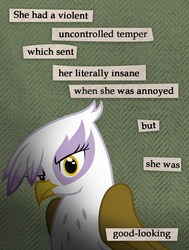 Size: 985x1302 | Tagged: safe, artist:icaron, gilda, griffon, g4, caption, guide to troubled birds, parody, show accurate