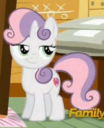 Size: 411x503 | Tagged: safe, screencap, sweetie belle, g4, the fault in our cutie marks, cutie mark, discovery family logo, smirk, smug, smug belle, the cmc's cutie marks