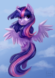 Size: 644x910 | Tagged: safe, artist:kukseleg, twilight sparkle, alicorn, pony, g4, female, flying, looking back, solo, tongue out, twilight sparkle (alicorn)