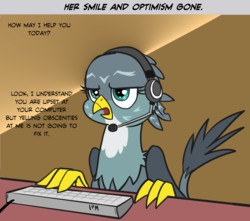 Size: 1218x1076 | Tagged: safe, artist:pencils, gabby, griffon, g4, the fault in our cutie marks, annoyed, bad end, customer service, dialogue, female, headset, keyboard, lidded eyes, open mouth, solo, tech support, unamused