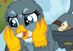 Size: 725x505 | Tagged: safe, screencap, gabby, griffon, g4, the fault in our cutie marks, animated, cute, fangasm, female, flying, gabbybetes, gif, hands on cheeks, mailbag, solo