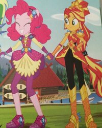 Size: 1024x1280 | Tagged: safe, pinkie pie, sunset shimmer, equestria girls, g4, my little pony equestria girls: legend of everfree, crystal guardian, geode of empathy, geode of sugar bombs, holding hands, legend of everfree – save our camp, louise alexander, magic, magical geodes, orchard books, ponied up