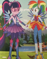 Size: 1024x1280 | Tagged: safe, pinkie pie, rainbow dash, sci-twi, twilight sparkle, equestria girls, g4, my little pony equestria girls: legend of everfree, boots, clothes, crystal guardian, crystal wings, dress, geode of super speed, geode of telekinesis, high heel boots, holding hands, legend of everfree – save our camp, magic, magical geodes, orchard books, ponied up, ponytail, sci-twilicorn, shoes, sneakers, sparkles, tree, wings
