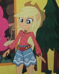 Size: 1024x1280 | Tagged: safe, screencap, applejack, pinkie pie, equestria girls, g4, legend of everfree, boho, camp fashion show outfit, clothes, cropped, female, legend of everfree – save our camp, magic, ponied up, pony ears, solo