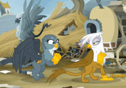Size: 712x496 | Tagged: safe, screencap, gabby, gilda, griffon, g4, the fault in our cutie marks, animated, cinemagraph, cute, excited, female, gabbybetes, gif, happy, letter, loop, mailbag