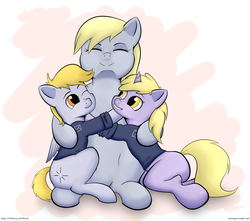 Size: 3400x3000 | Tagged: safe, artist:riscke, crackle pop, derpy hooves, dinky hooves, pegasus, pony, unicorn, g4, belly button, colt, cute, equestria's best mother, female, filly, high res, hug, male, mare, mother and daughter, mother and son, one eye closed, smiling