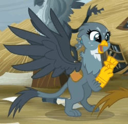 Size: 543x526 | Tagged: safe, screencap, gabby, griffon, g4, the fault in our cutie marks, animated, cute, excited, eye shimmer, female, gabbybetes, gif, happy, mailbag