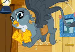 Size: 725x505 | Tagged: safe, screencap, gabby, griffon, g4, the fault in our cutie marks, animated, butt shake, cute, female, flying, gabbybetes, gif, lantern, loop, mailbag, painting, solo, wiggle