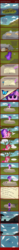 Size: 1024x13795 | Tagged: safe, artist:flufflelord, amethyst star, pinkie pie, sparkler, butterfly, comic:equestria royale, g4, arrow, back, battle royale, book, bottle, bow (weapon), bread, comic, cupcake, food, magic, quill, reflection, rock, saddle bag, sitting, sky
