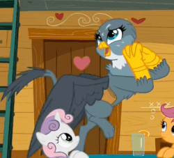 Size: 546x496 | Tagged: safe, screencap, gabby, scootaloo, sweetie belle, griffon, g4, the fault in our cutie marks, animated, butt, cute, female, flying, food, gabbybetes, gif, glass, loop, mailbag, orange, plot