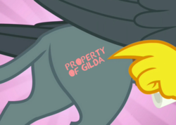 Size: 1280x912 | Tagged: safe, edit, edited screencap, screencap, gabby, griffon, g4, the fault in our cutie marks, branding, butt, female, implied gilda, meme, plot, pointing, solo