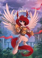 Size: 1792x2500 | Tagged: oc name needed, safe, artist:yakovlev-vad, oc, oc only, pegasus, pony, airship, armor, bridge, commission, ear feathers, flying, forest, looking at you, magic, magic circle, runes, scenery, signature, slender, solo, spear, spread wings, thin, weapon