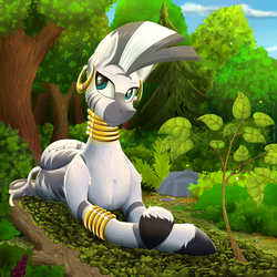 Size: 2000x2000 | Tagged: safe, artist:twotail813, zecora, zebra, rcf community, g4, blue eyes, female, forest, gold, grass, high res, lying down, moss, neck rings, piercing, solo, tree