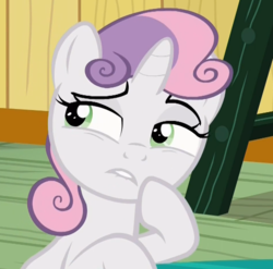 Size: 507x501 | Tagged: safe, screencap, sweetie belle, pony, g4, the fault in our cutie marks, eyeshadow, female, filly, hoof on chin, lip bite, makeup, reaction image, solo, thinking