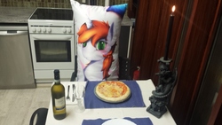 Size: 3264x1836 | Tagged: safe, oc, oc only, oc:littlepip, pony, unicorn, blushing, body pillow, candle, dinner, fanfic, fanfic art, female, food, horn, irl, lonely, mare, photo, pizza, solo, waifu, waifu dinner