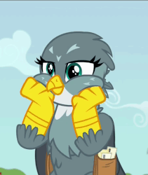 Size: 428x508 | Tagged: safe, screencap, gabby, griffon, g4, the fault in our cutie marks, animated, cute, excited, female, gabbybetes, gif, hands on cheeks, happy, loop, solo, squishy cheeks