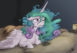 Size: 3450x2400 | Tagged: safe, artist:silfoe, princess celestia, alicorn, pony, royal sketchbook, g4, alarm clock, bed, bed mane, bedroom, cute, cutelestia, drool, female, high res, lidded eyes, majestic as fuck, mare, messy mane, morning ponies, open mouth, pillow, prone, solo, spread wings, waking up