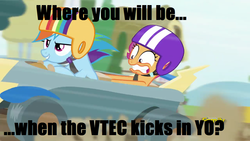 Size: 1280x720 | Tagged: safe, edit, edited screencap, screencap, rainbow dash, scootaloo, pony, g4, the cart before the ponies, caption, meme, text