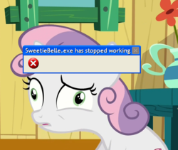 Size: 768x647 | Tagged: safe, edit, edited screencap, screencap, sweetie belle, pony, unicorn, g4, season 6, the fault in our cutie marks, clubhouse, crusaders clubhouse, cutie mark, derp, error message, faic, female, filly, flower, microsoft, microsoft windows, table, the cmc's cutie marks, vase, window, windows xp, x.exe stopped working