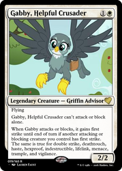 Size: 375x523 | Tagged: safe, gabby, griffon, g4, the fault in our cutie marks, apple, female, flying, food, magic the gathering, saddle bag, solo, tree