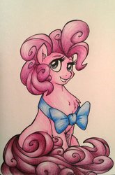 Size: 800x1209 | Tagged: safe, artist:mati0la, pinkie pie, g4, chest fluff, female, looking at you, ribbon, sitting, solo, traditional art