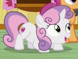 Size: 447x342 | Tagged: safe, screencap, scootaloo, sweetie belle, pony, unicorn, g4, the fault in our cutie marks, animated, butt shake, cropped, cute, cutie mark, diasweetes, face down ass up, female, filly, gif, loop, solo focus, the cmc's cutie marks, wiggle